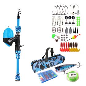Kids Fishing Pole Set Fishing Starter Kit Telescopic Fishing Rod and Reel Combo Kit with Tackle Box 56Pcs Fishing Lures for Boys Girls (Color: Blue, size: 1.2M)